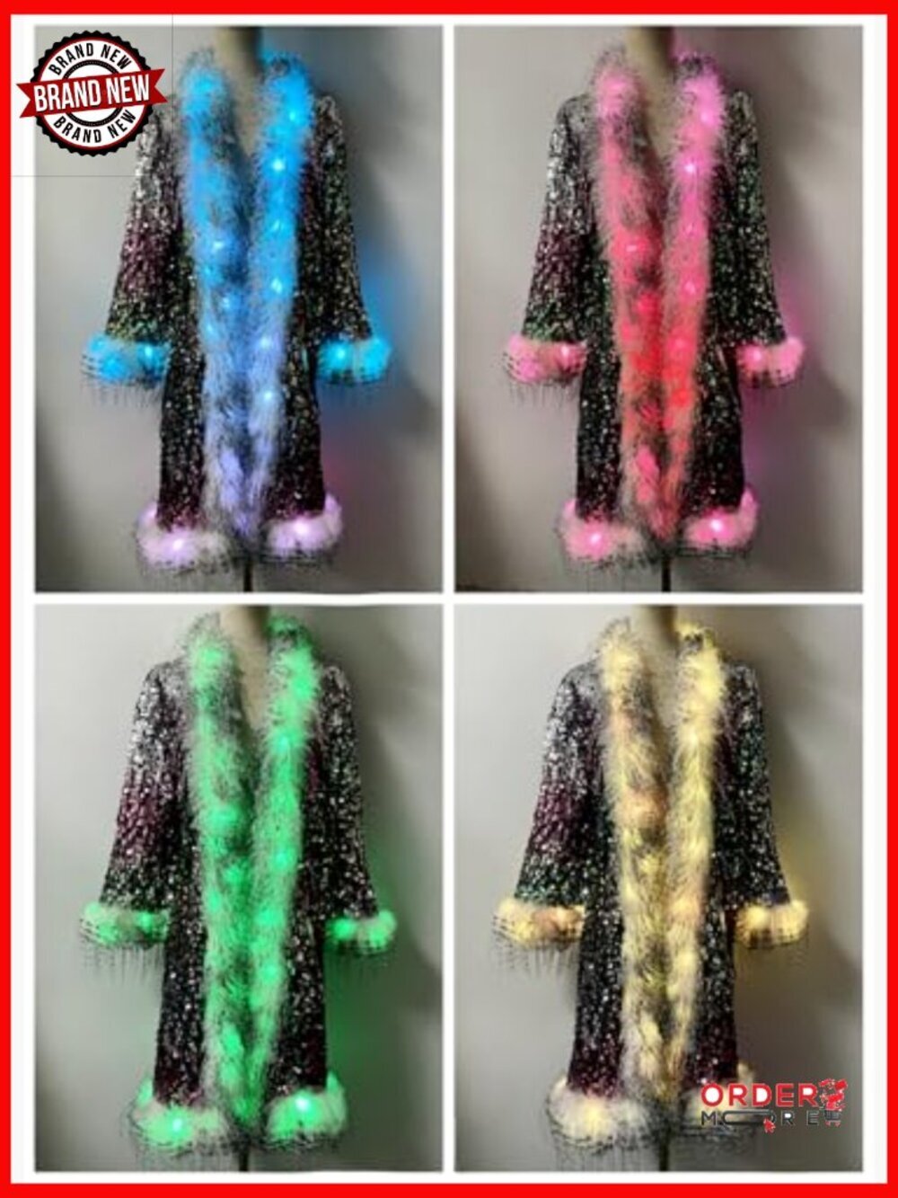 LED Light Up Sequin Coat Small Faux Fur Music Festival Party Jacket - Picture 4 of 7